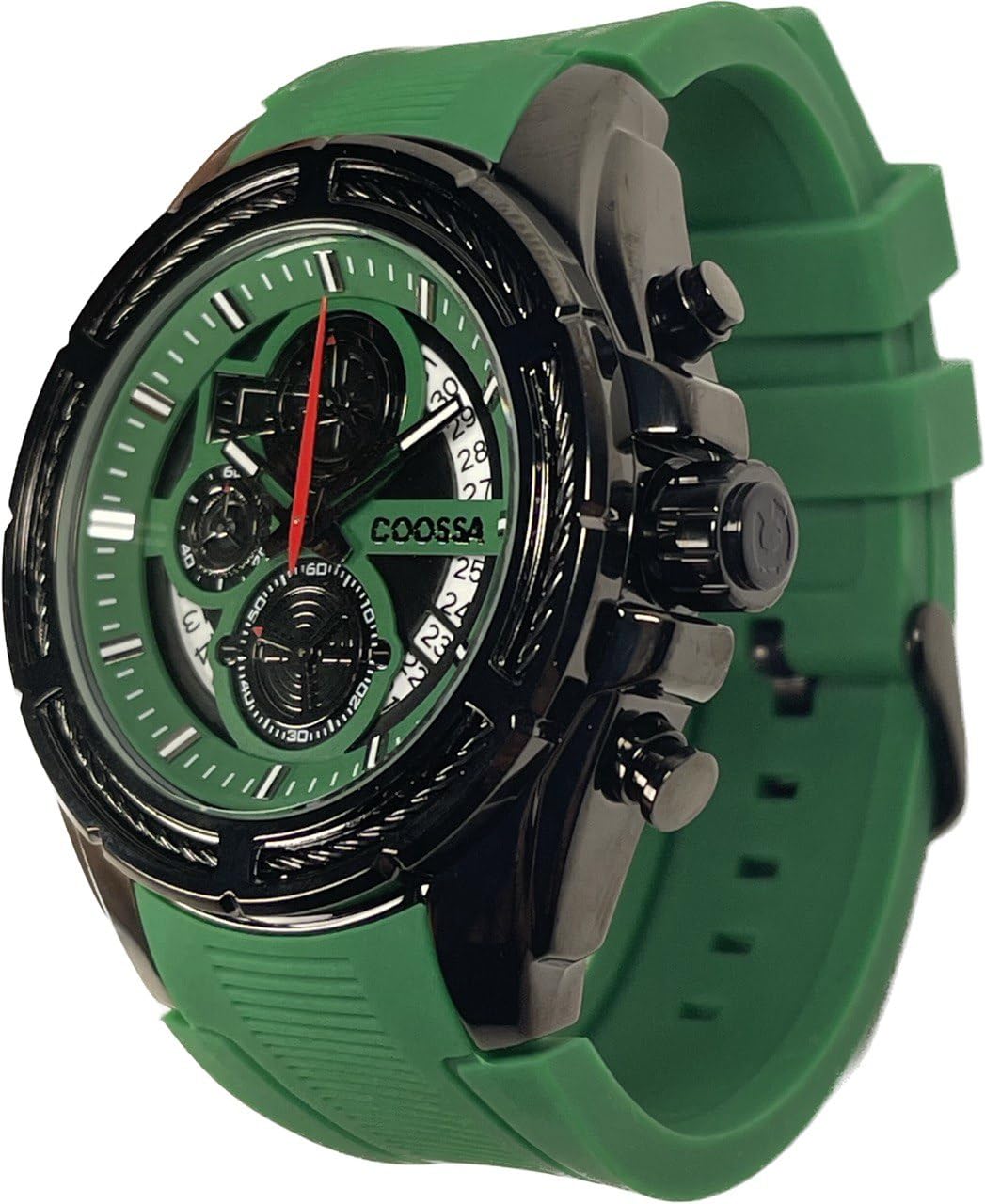 COOSSA ORIGINAL Men's Watch Chronograph 20235 48MM Black Tone Case Green Silicone Band 30M Water Resistant Cable Bezel