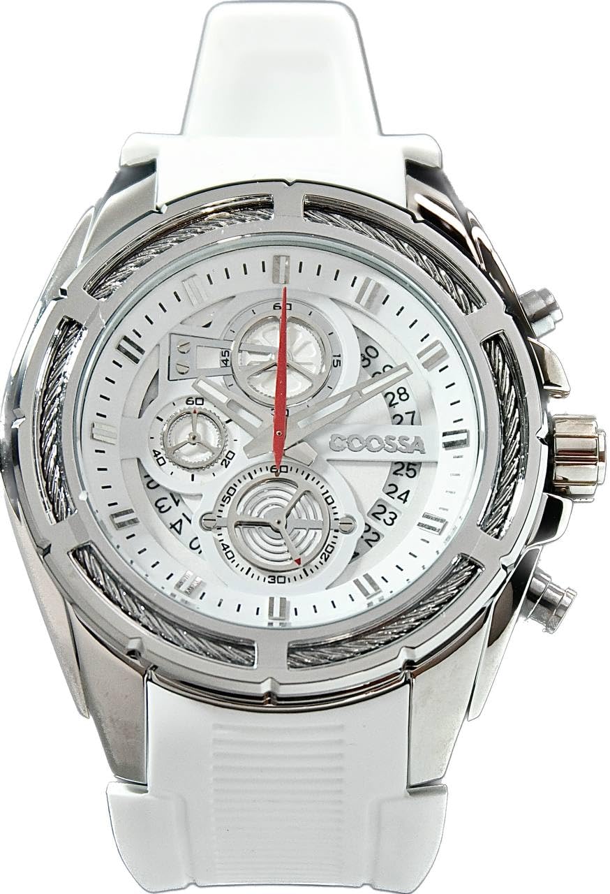 COOSSA ORIGINAL Men's Watch Chronograph 20243 48MM Silver Tone Case White Silicone Band 30M Water Resistant Cable Bezel