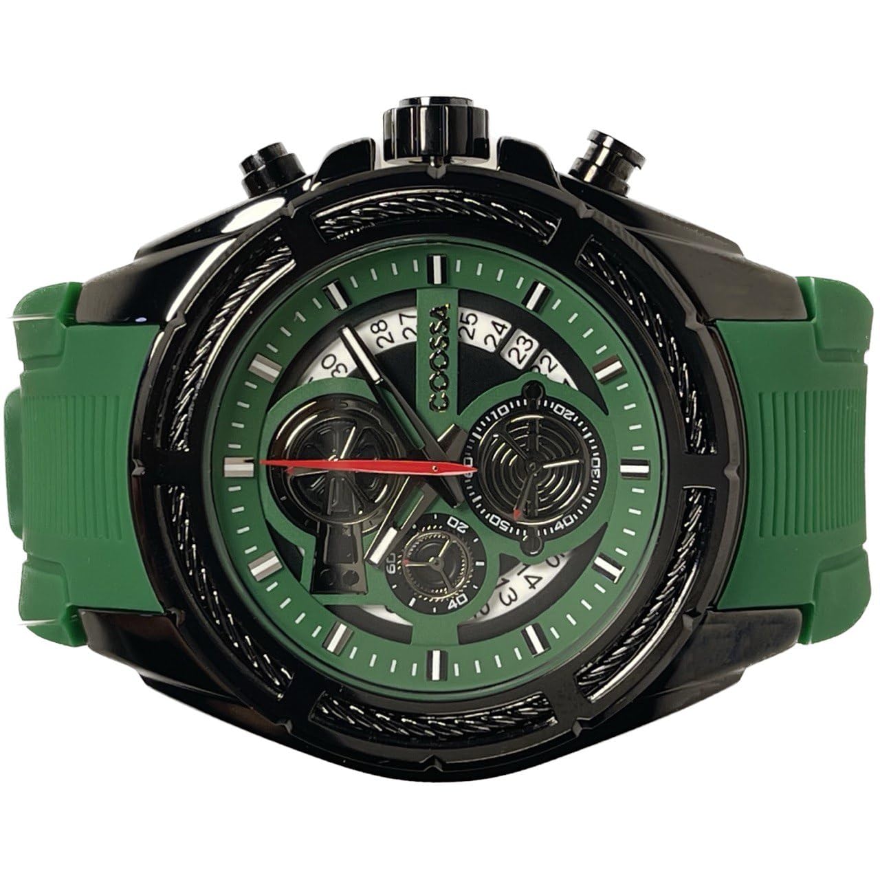 COOSSA ORIGINAL Men's Watch Chronograph 20235 48MM Black Tone Case Green Silicone Band 30M Water Resistant Cable Bezel