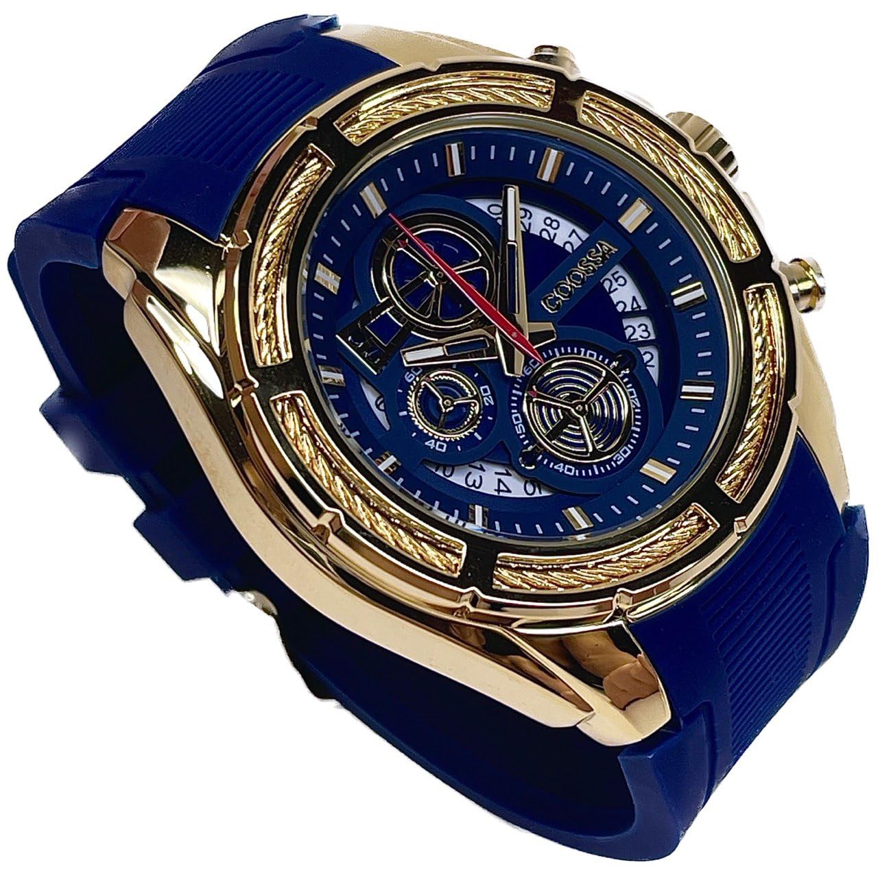 COOSSA ORIGINAL Men's Watch Chronograph 20234 48MM Gold Tone Case Blue Silicone Band 30M Water Resistant Cable Bezel