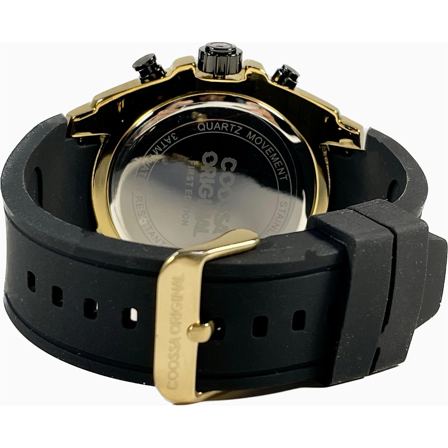 COOSSA ORIGINAL Men's Watch Chronograph 20233 48MM Gold Tone Case Black Silicone Band 30M Water Resistant Cable Bezel