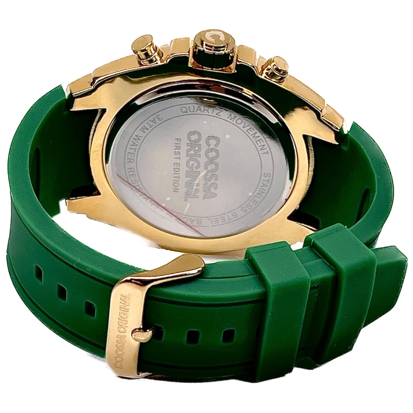 COOSSA ORIGINAL Men's Watch Chronograph 20236 48MM Gold Tone Case Green Silicone Band 30M Water Resistant Cable Bezel