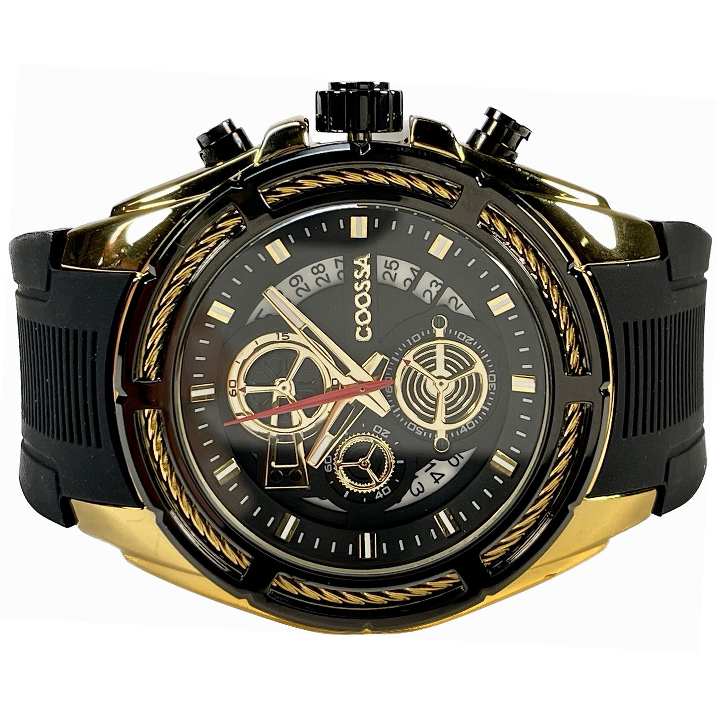 COOSSA ORIGINAL Men's Watch Chronograph 20233 48MM Gold Tone Case Black Silicone Band 30M Water Resistant Cable Bezel