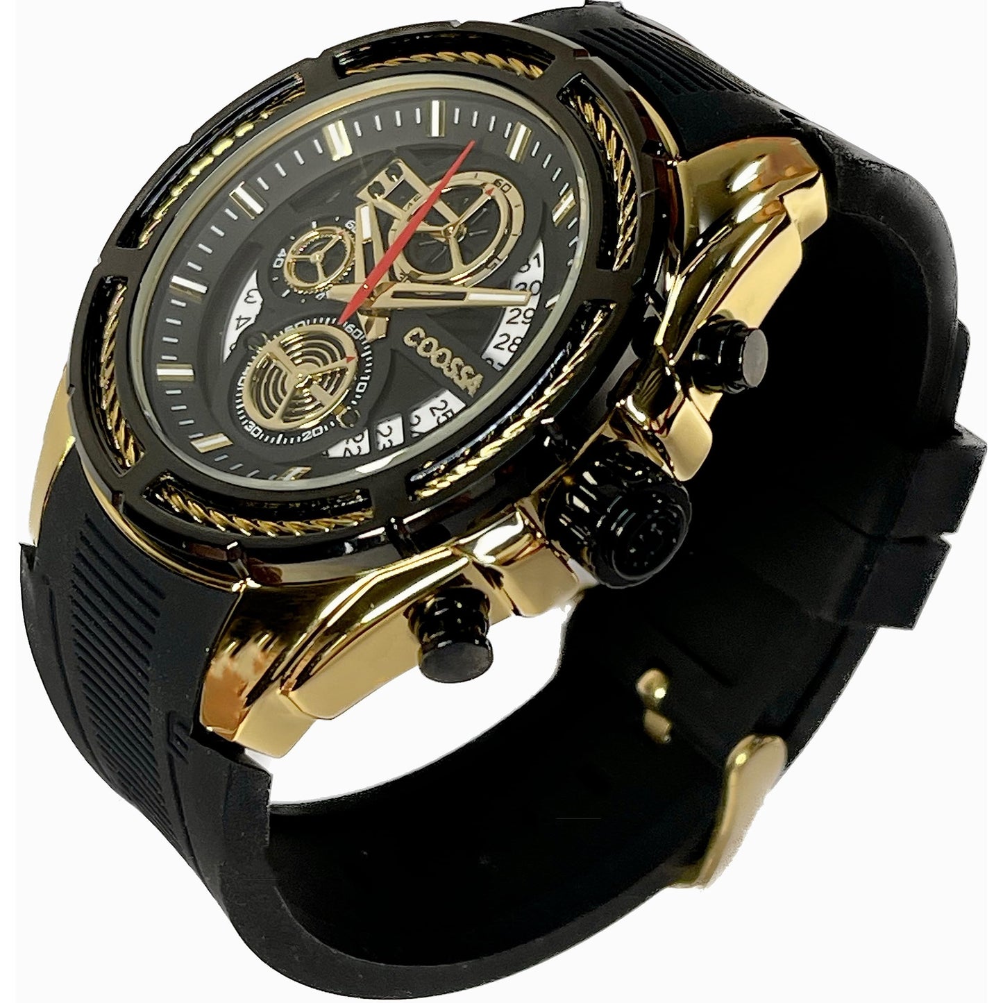 COOSSA ORIGINAL Men's Watch Chronograph 20233 48MM Gold Tone Case Black Silicone Band 30M Water Resistant Cable Bezel