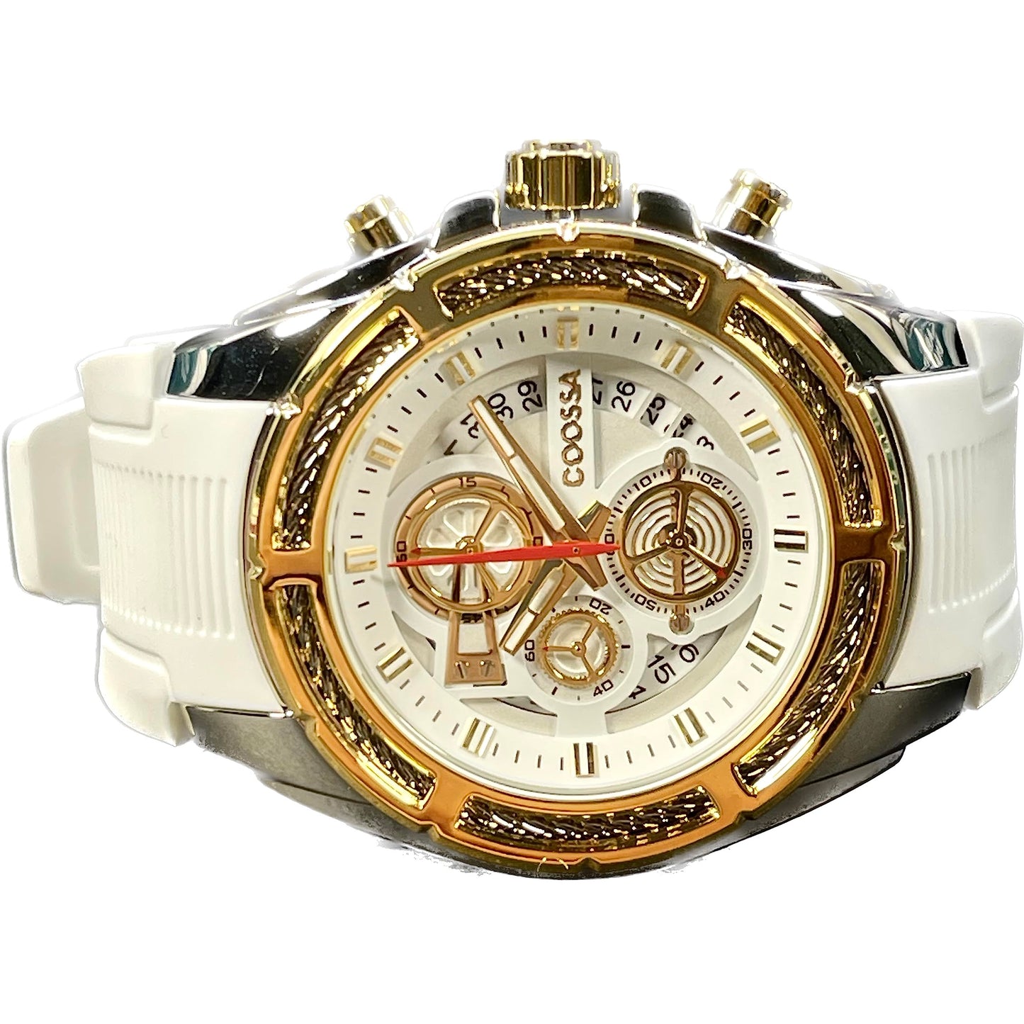 COOSSA ORIGINAL Men's Watch Chronograph 20244 48MM Silver Tone Case Gold Bezel White Silicone Band 30M Water Resistant Cable Bezel