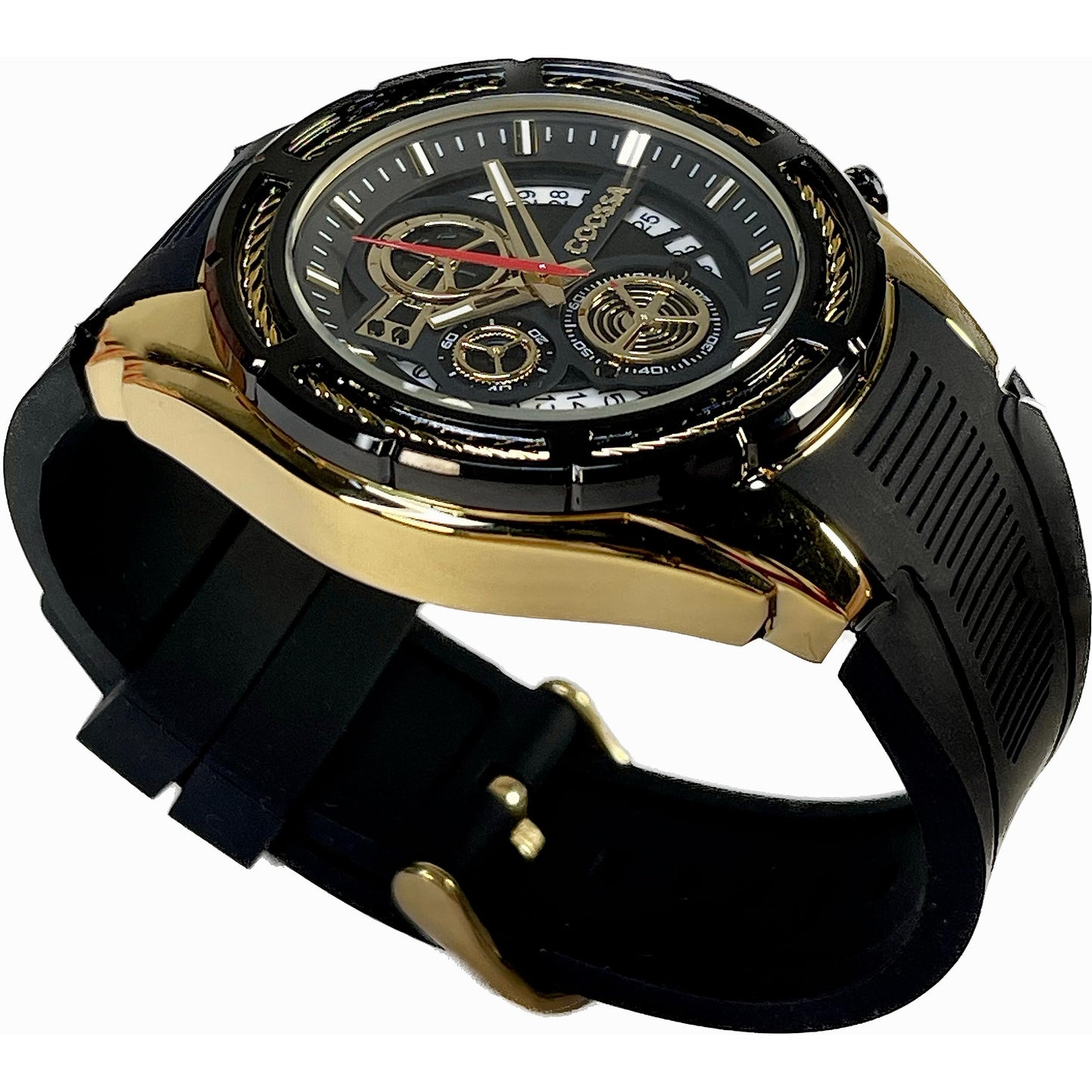 COOSSA ORIGINAL Men's Watch Chronograph 20233 48MM Gold Tone Case Black Silicone Band 30M Water Resistant Cable Bezel