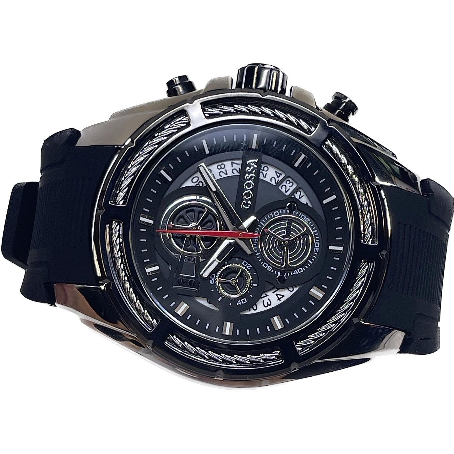 COOSSA ORIGINAL Men's Watch Chronograph 20231 48MM Silver Tone Case Black Silicone Band 30M Water Resistant Cable Bezel