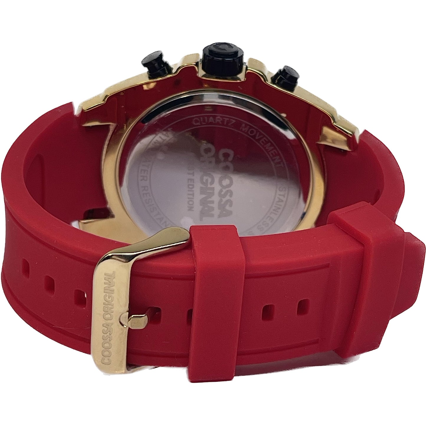 COOSSA ORIGINAL Men's Watch Chronograph 20240 48MM Gold Tone Case Red Silicone Band 30M Water Resistant Cable Bezel