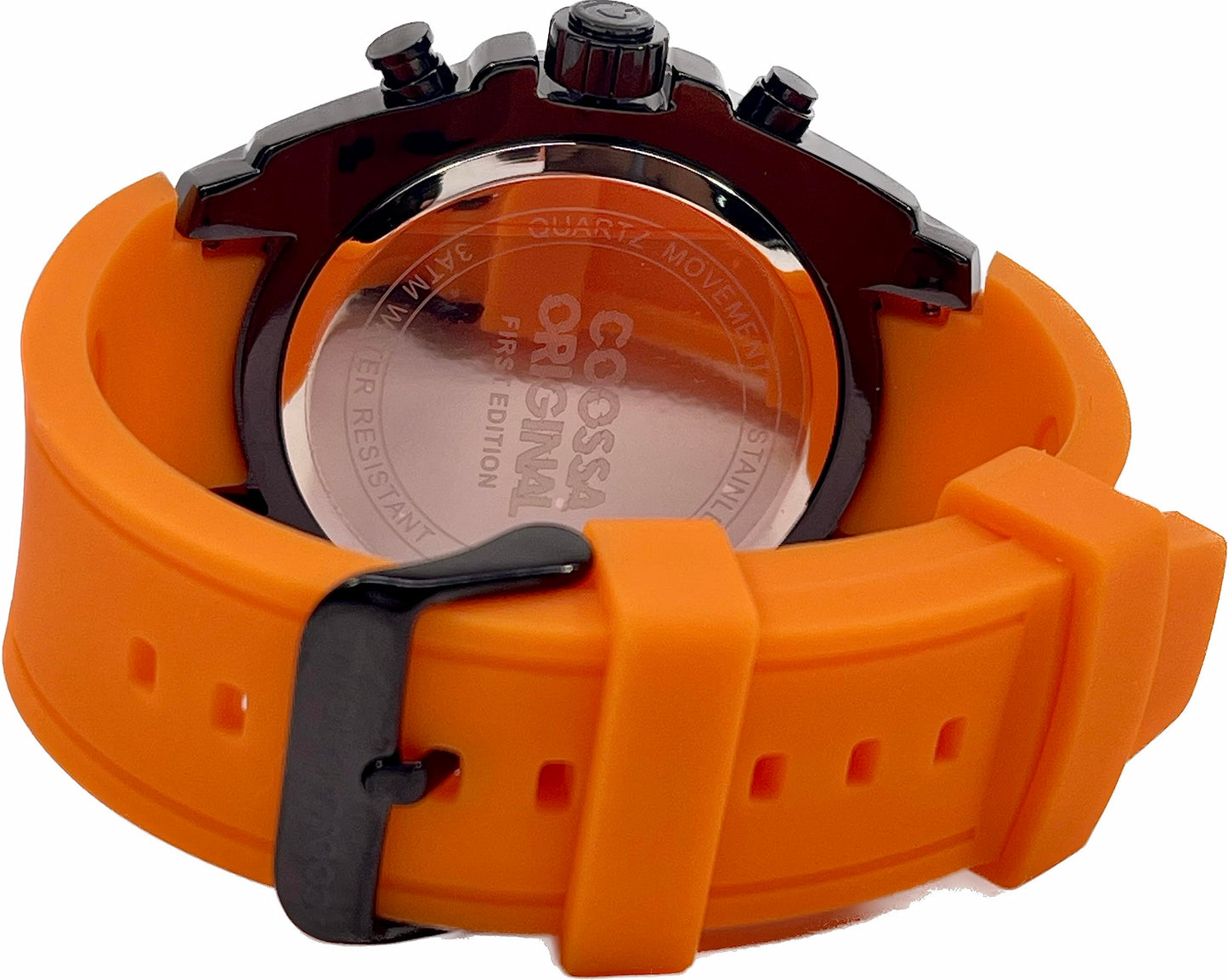 COOSSA ORIGINAL Men's Watch Chronograph 20239 48MM Black Tone Case Orange Silicone Band 30M Water Resistant Cable Bezel