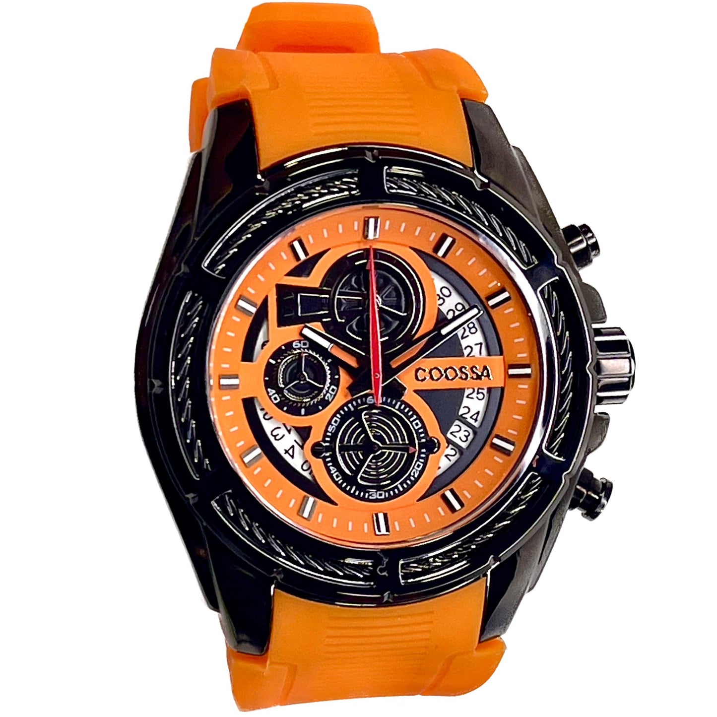 COOSSA ORIGINAL Men's Watch Chronograph 20239 48MM Black Tone Case Orange Silicone Band 30M Water Resistant Cable Bezel