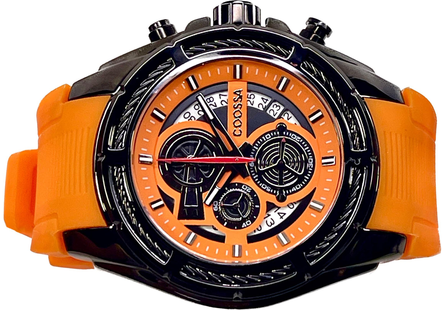 COOSSA ORIGINAL Men's Watch Chronograph 20239 48MM Black Tone Case Orange Silicone Band 30M Water Resistant Cable Bezel