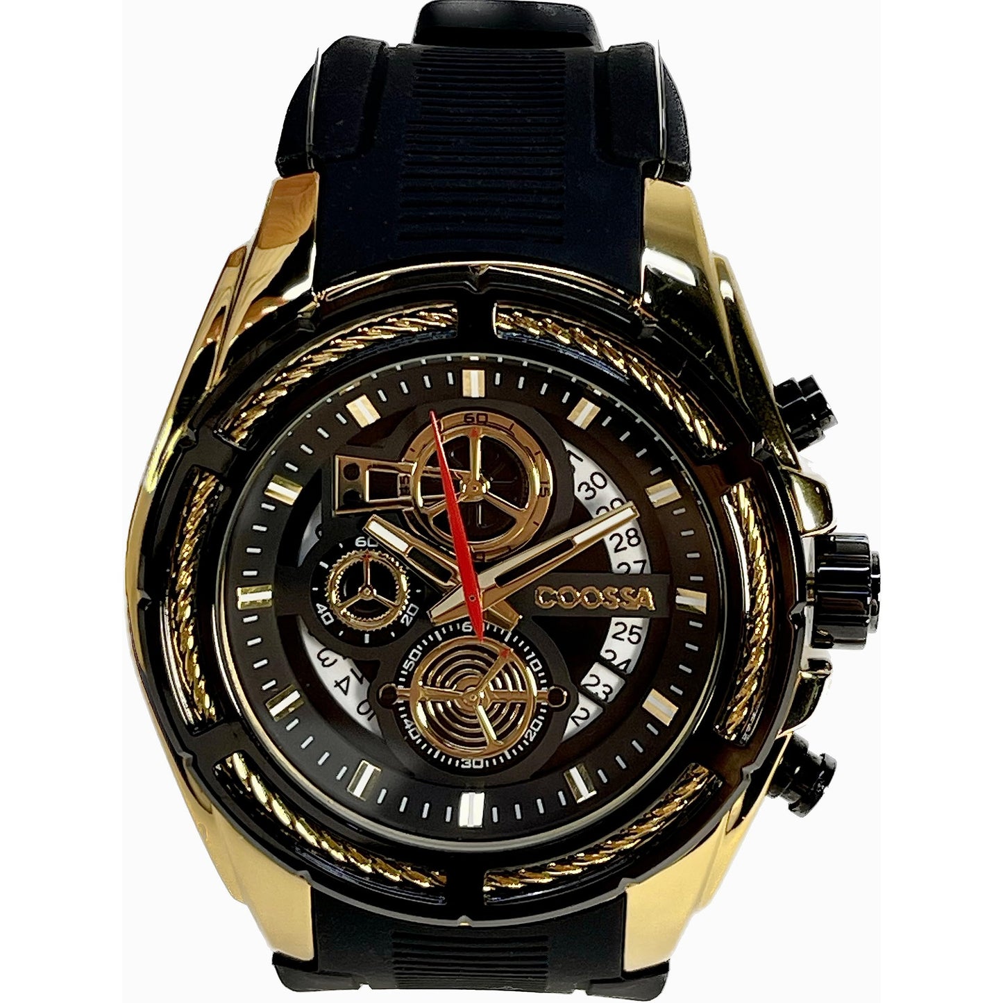 COOSSA ORIGINAL Men's Watch Chronograph 20233 48MM Gold Tone Case Black Silicone Band 30M Water Resistant Cable Bezel