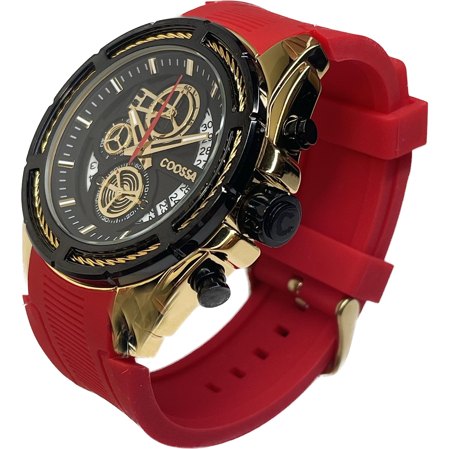 COOSSA ORIGINAL Men's Watch Chronograph 20240 48MM Gold Tone Case Red Silicone Band 30M Water Resistant Cable Bezel