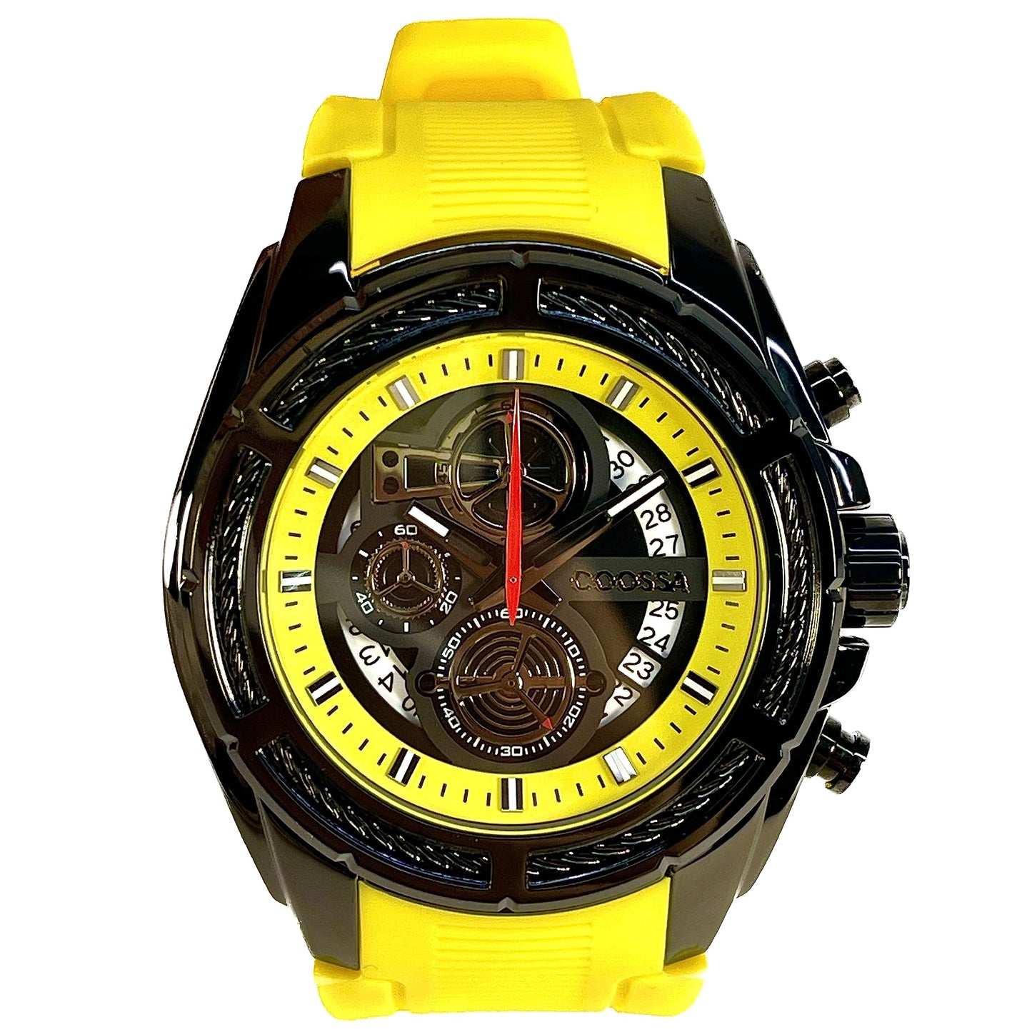 COOSSA ORIGINAL Men's Watch Chronograph 20247 48MM Black Tone Case Yellow Silicone Band 30M Water Resistant Cable Bezel