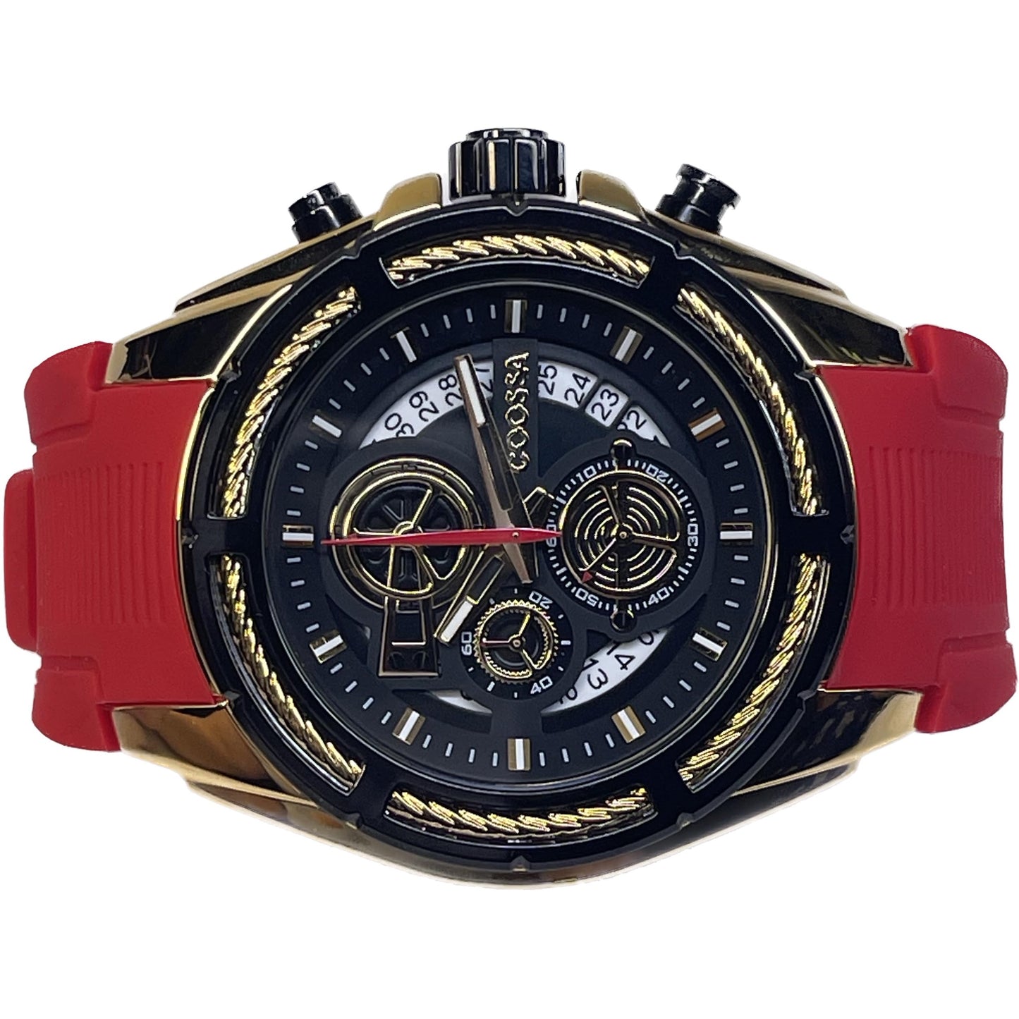 COOSSA ORIGINAL Men's Watch Chronograph 20240 48MM Gold Tone Case Red Silicone Band 30M Water Resistant Cable Bezel