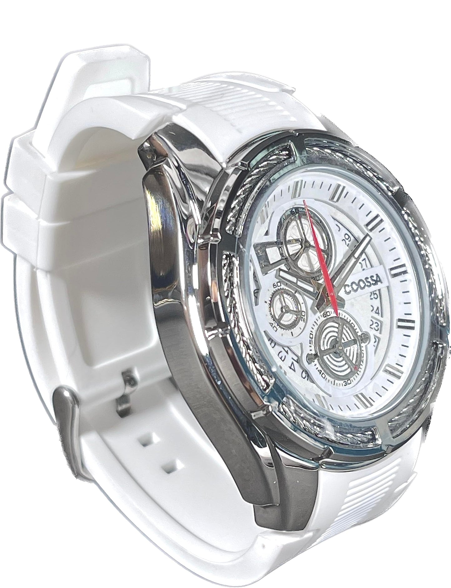 COOSSA ORIGINAL Men's Watch Chronograph 20243 48MM Silver Tone Case White Silicone Band 30M Water Resistant Cable Bezel