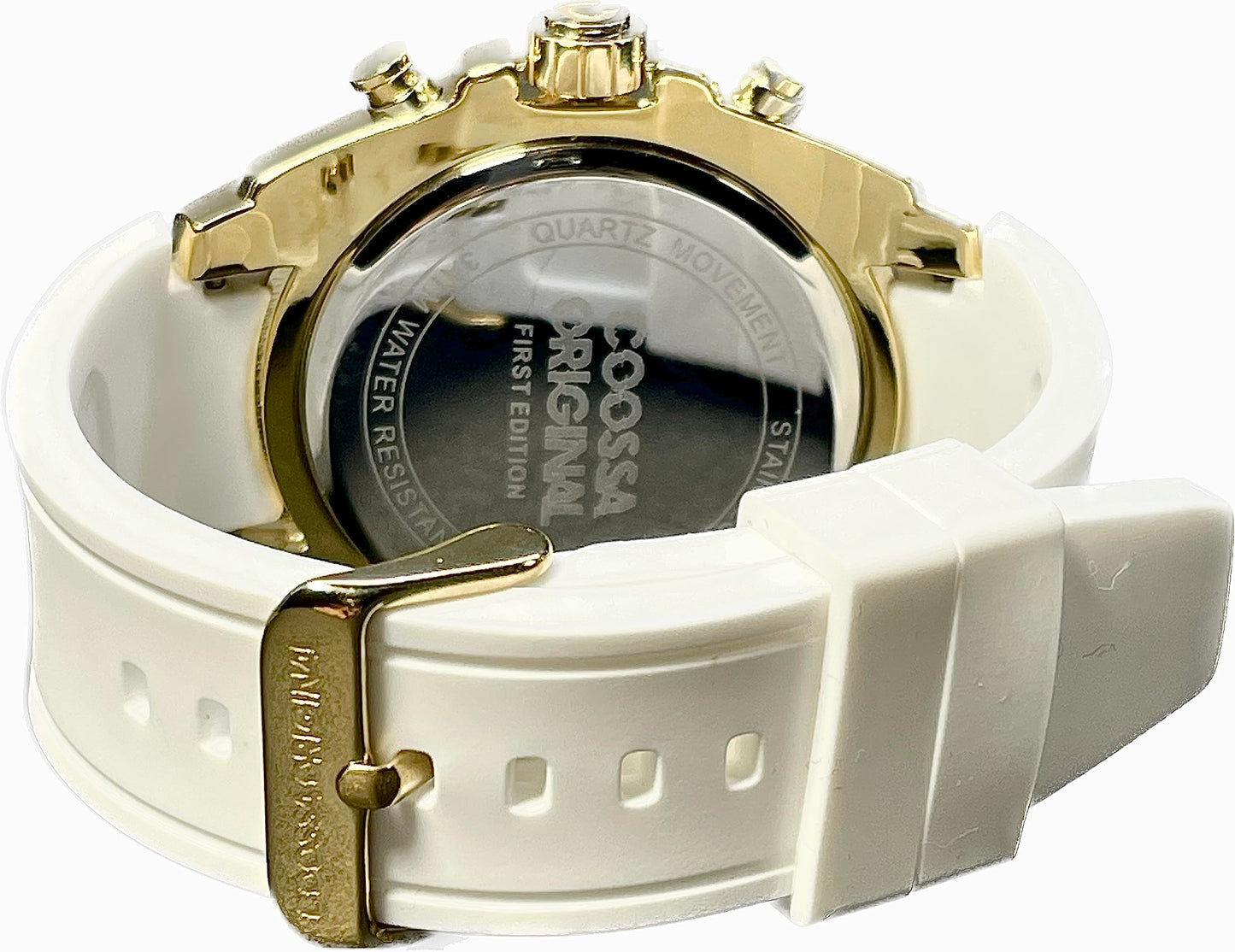 COOSSA ORIGINAL Men's Watch Chronograph 20245 48MM Gold Tone Case White Silicone Band 30M Water Resistant Cable Bezel