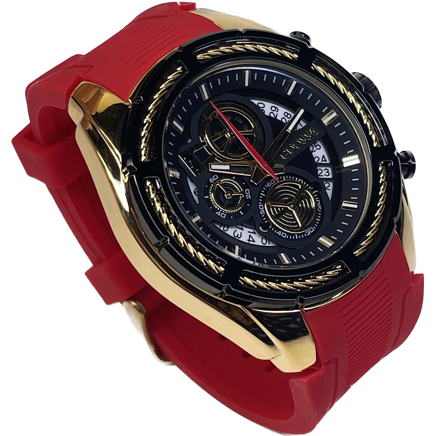 COOSSA ORIGINAL Men's Watch Chronograph 20240 48MM Gold Tone Case Red Silicone Band 30M Water Resistant Cable Bezel