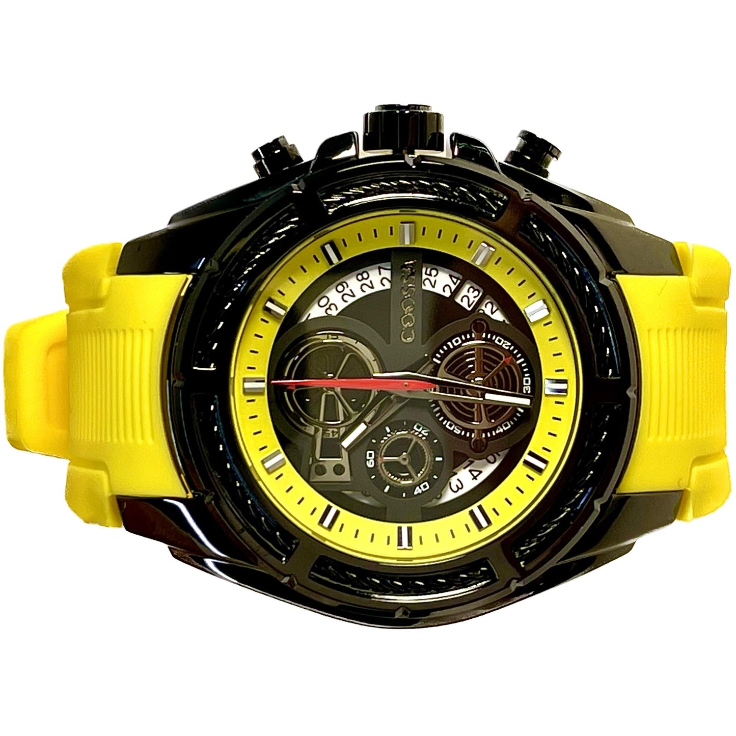 COOSSA ORIGINAL Men's Watch Chronograph 20247 48MM Black Tone Case Yellow Silicone Band 30M Water Resistant Cable Bezel