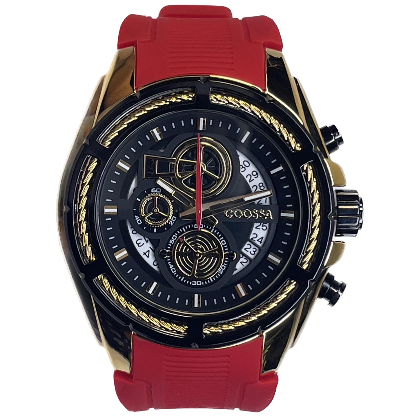 COOSSA ORIGINAL Men's Watch Chronograph 20240 48MM Gold Tone Case Red Silicone Band 30M Water Resistant Cable Bezel