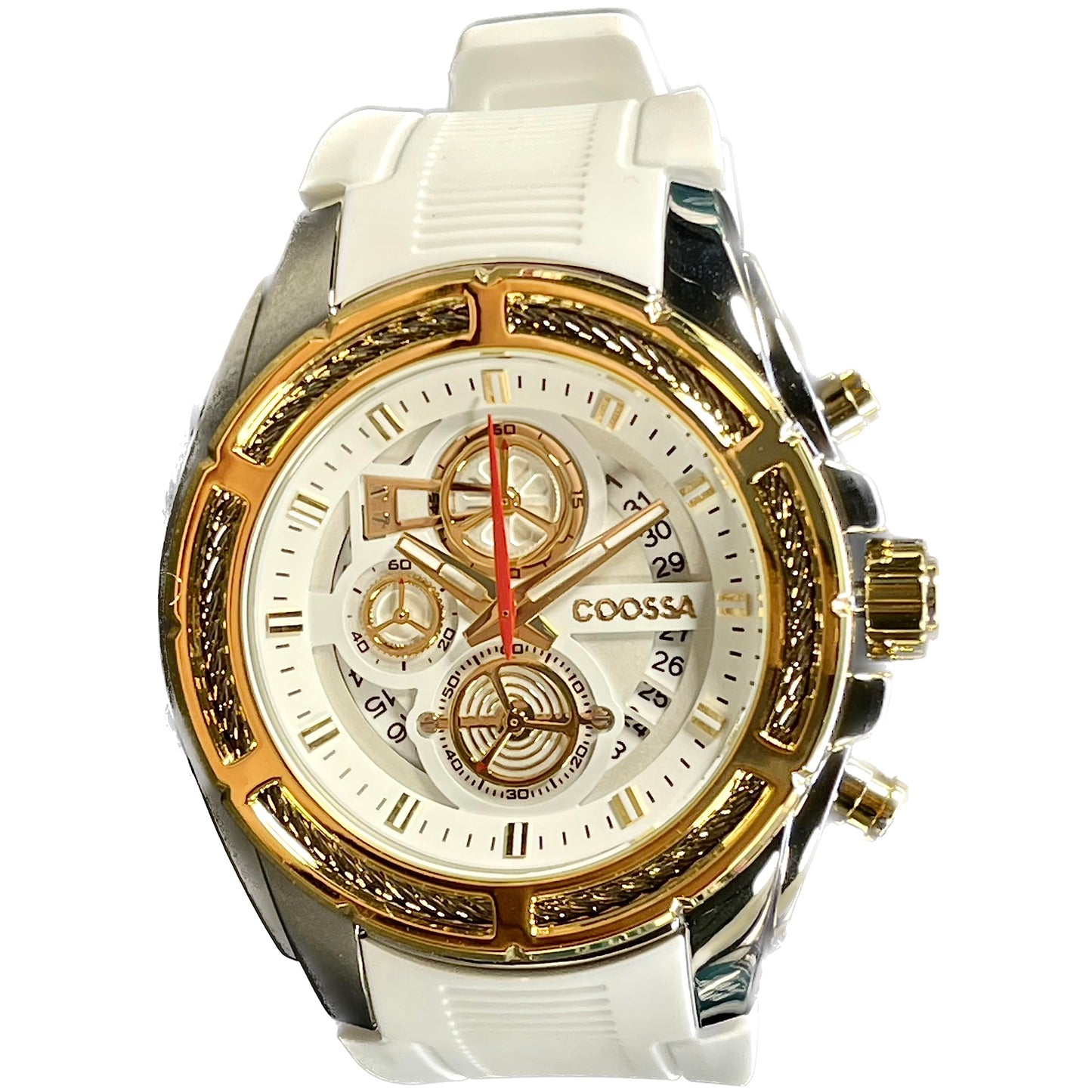 COOSSA ORIGINAL Men's Watch Chronograph 20244 48MM Silver Tone Case Gold Bezel White Silicone Band 30M Water Resistant Cable Bezel