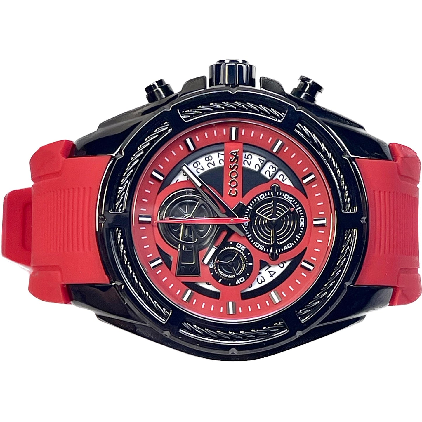 COOSSA ORIGINAL Men's Watch Chronograph 20241 48MM Black Tone Case Red Silicone Band 30M Water Resistant Cable Bezel