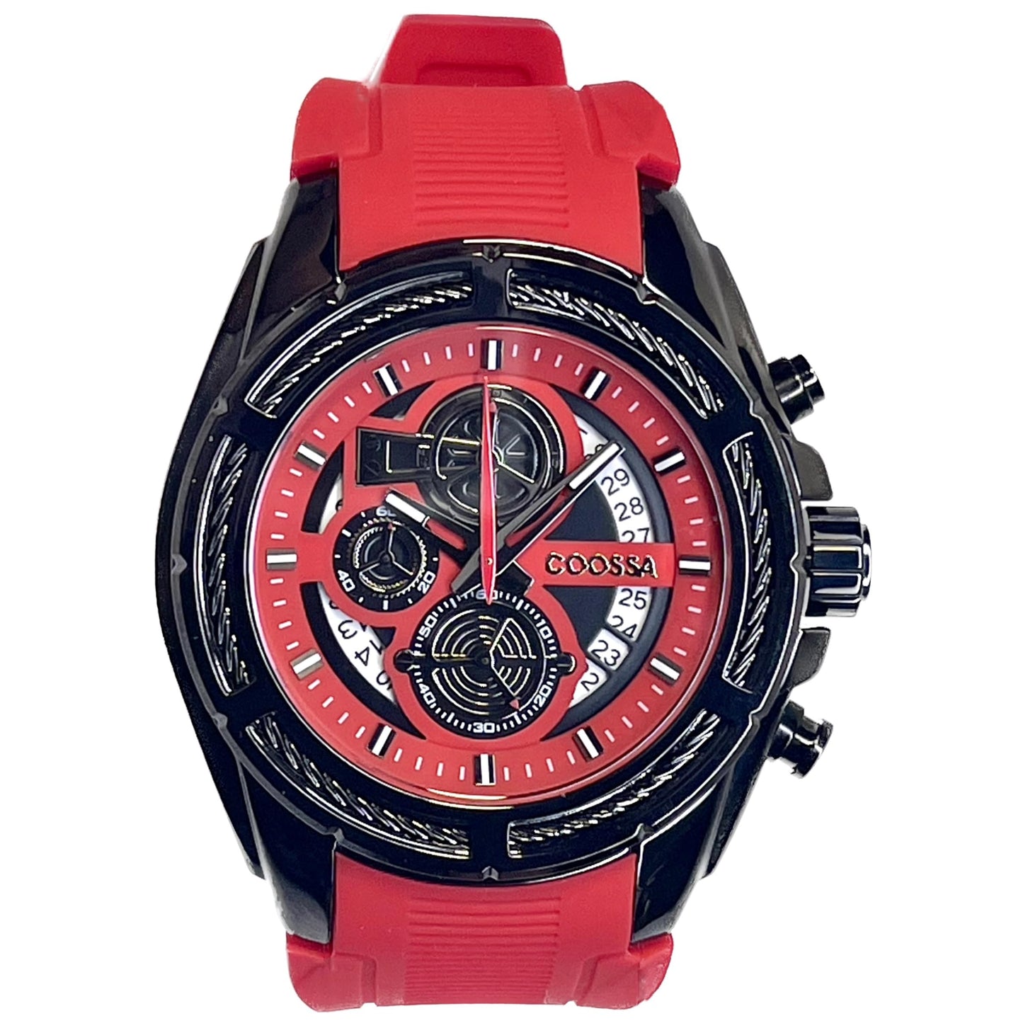 COOSSA ORIGINAL Men's Watch Chronograph 20241 48MM Black Tone Case Red Silicone Band 30M Water Resistant Cable Bezel