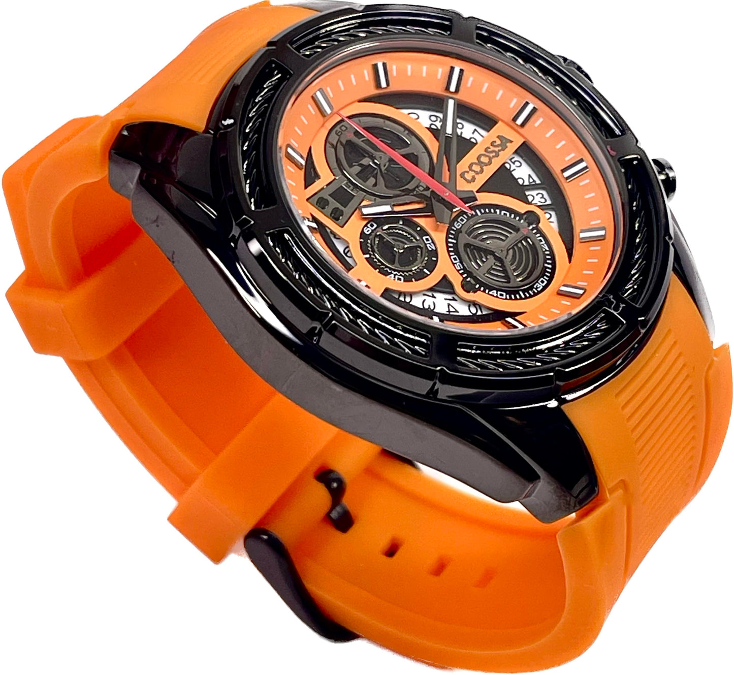 COOSSA ORIGINAL Men's Watch Chronograph 20239 48MM Black Tone Case Orange Silicone Band 30M Water Resistant Cable Bezel