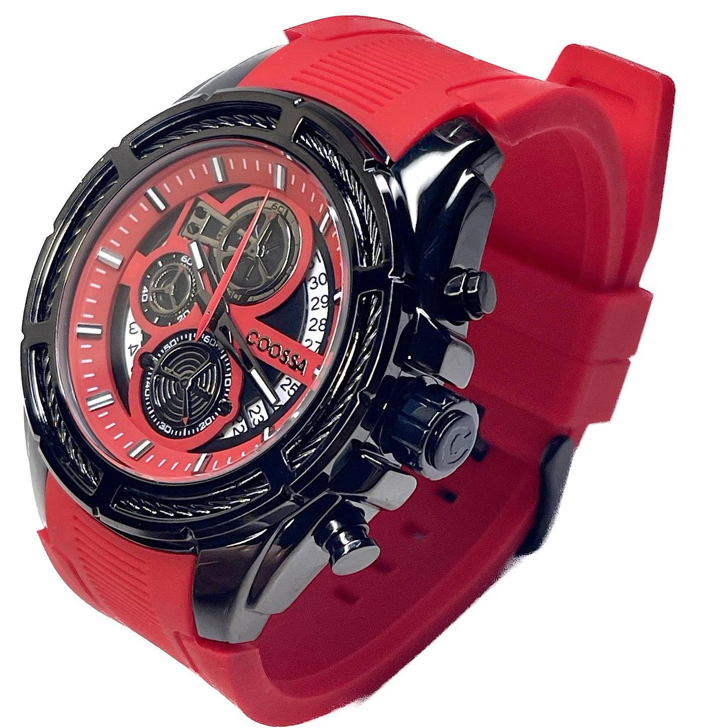 COOSSA ORIGINAL Men's Watch Chronograph 20241 48MM Black Tone Case Red Silicone Band 30M Water Resistant Cable Bezel