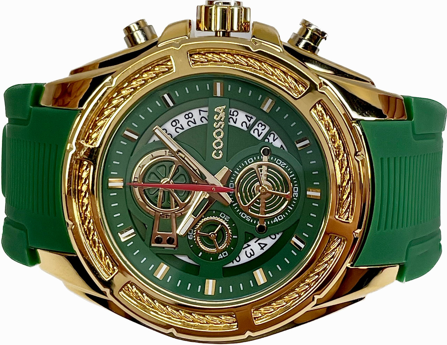 COOSSA ORIGINAL Men's Watch Chronograph 20236 48MM Gold Tone Case Green Silicone Band 30M Water Resistant Cable Bezel