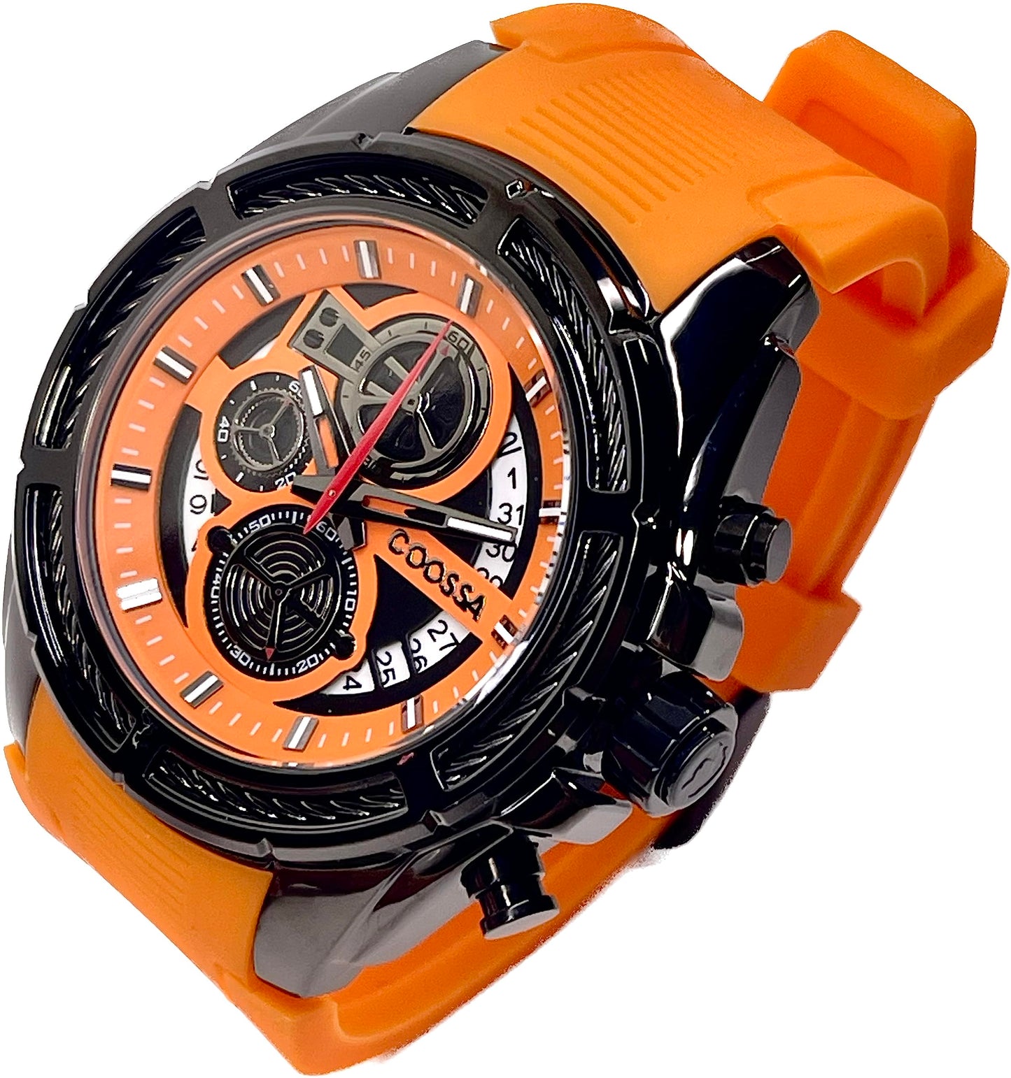 COOSSA ORIGINAL Men's Watch Chronograph 20239 48MM Black Tone Case Orange Silicone Band 30M Water Resistant Cable Bezel