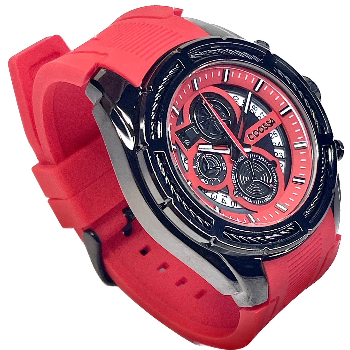 COOSSA ORIGINAL Men's Watch Chronograph 20241 48MM Black Tone Case Red Silicone Band 30M Water Resistant Cable Bezel