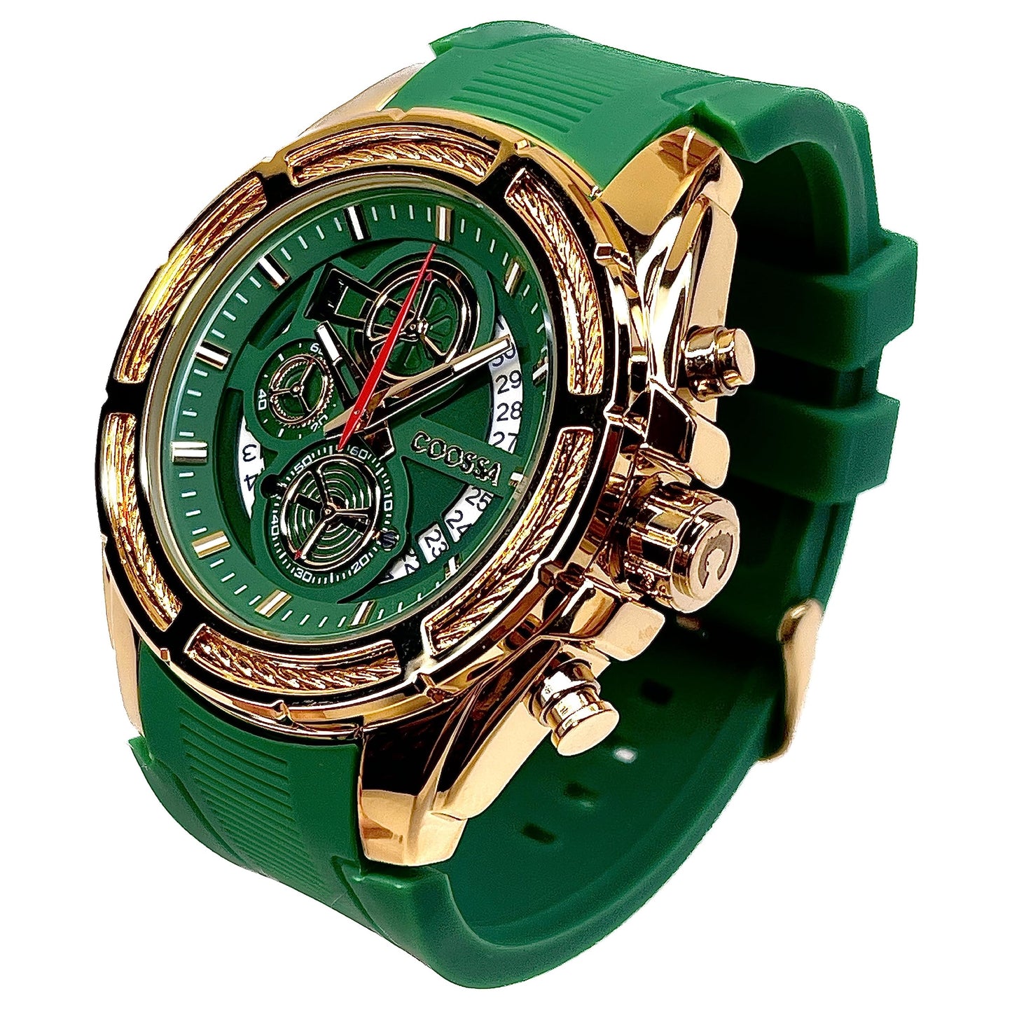 COOSSA ORIGINAL Men's Watch Chronograph 20236 48MM Gold Tone Case Green Silicone Band 30M Water Resistant Cable Bezel