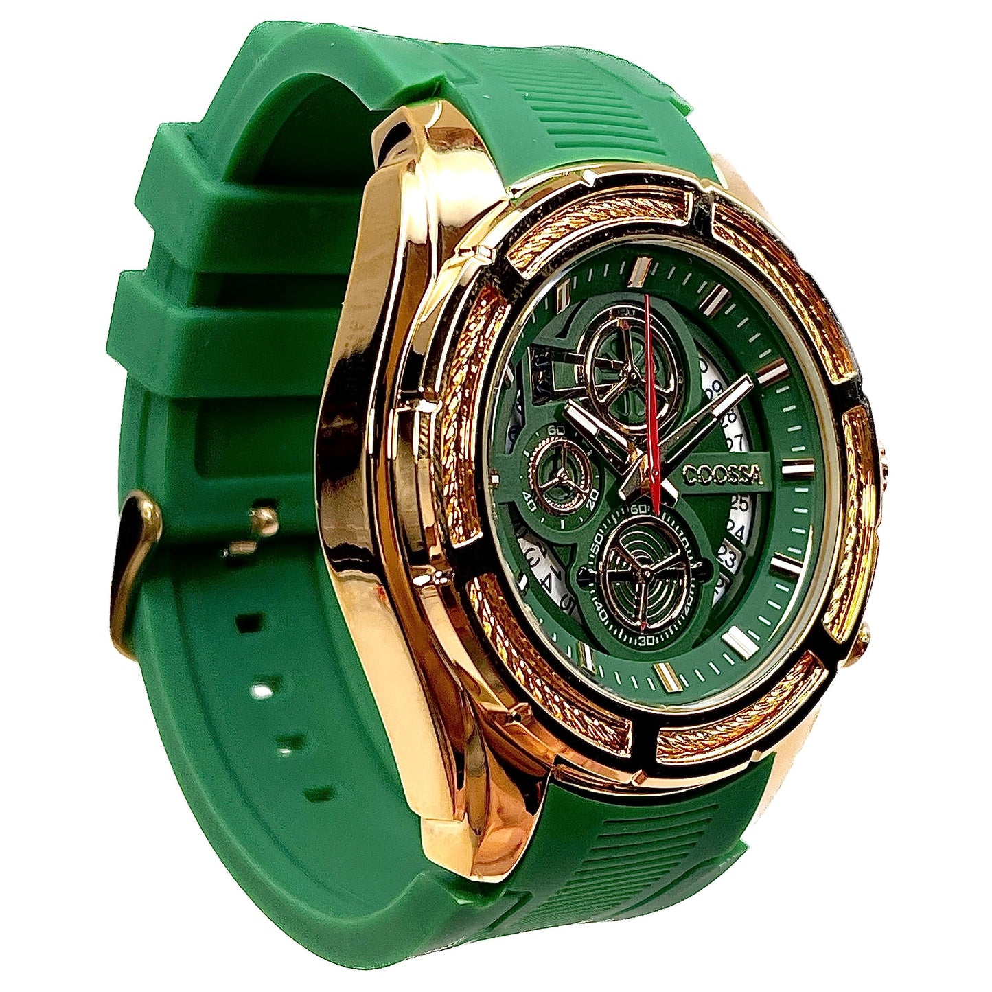 COOSSA ORIGINAL Men's Watch Chronograph 20236 48MM Gold Tone Case Green Silicone Band 30M Water Resistant Cable Bezel