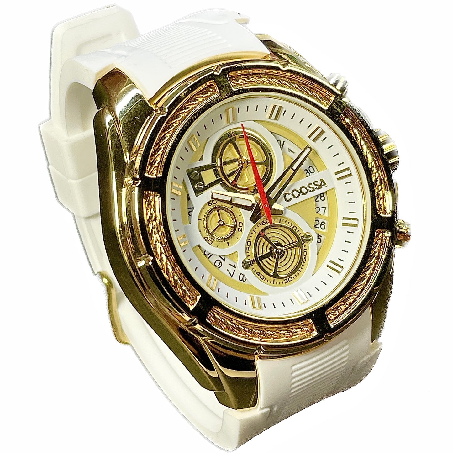 COOSSA ORIGINAL Men's Watch Chronograph 20245 48MM Gold Tone Case White Silicone Band 30M Water Resistant Cable Bezel