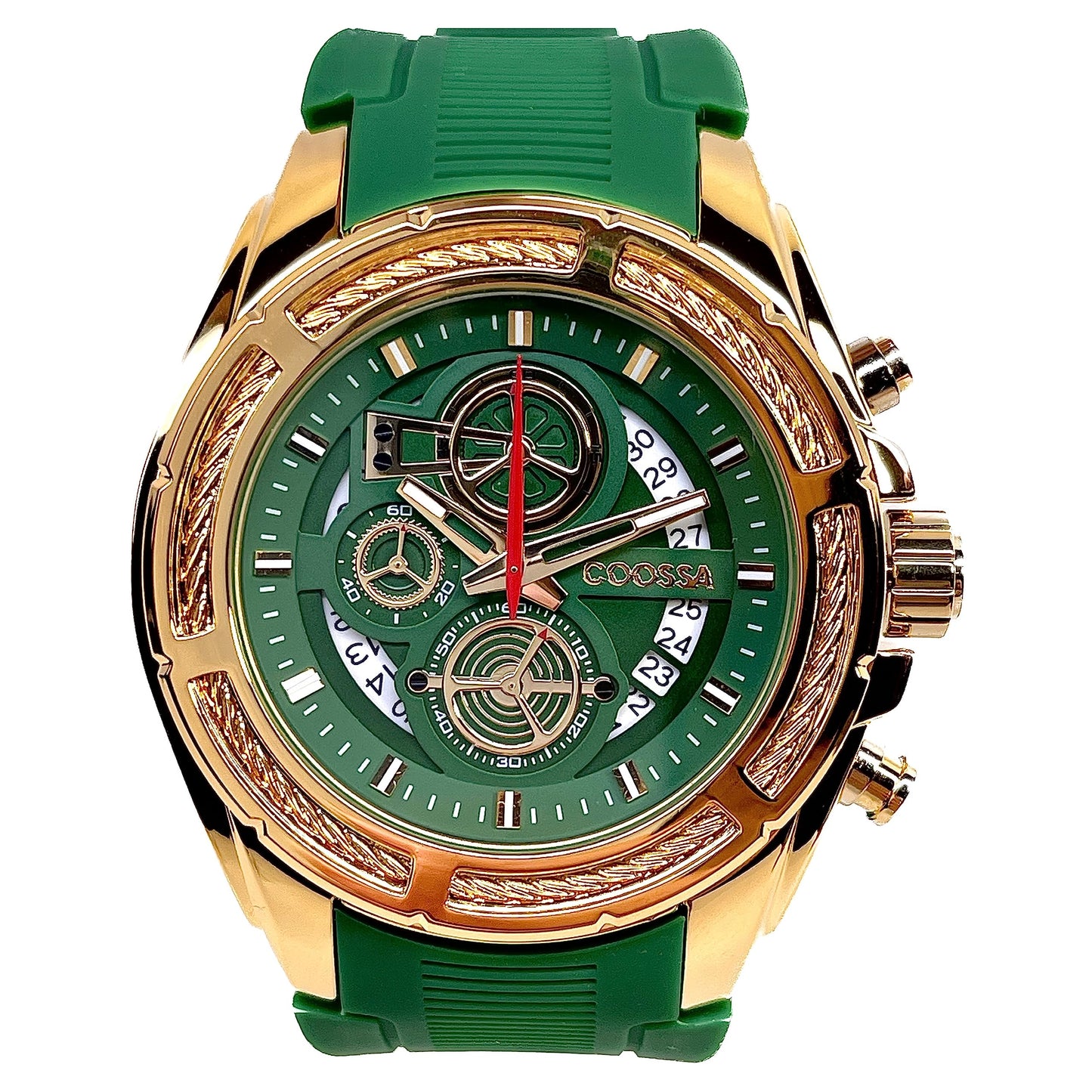 COOSSA ORIGINAL Men's Watch Chronograph 20236 48MM Gold Tone Case Green Silicone Band 30M Water Resistant Cable Bezel