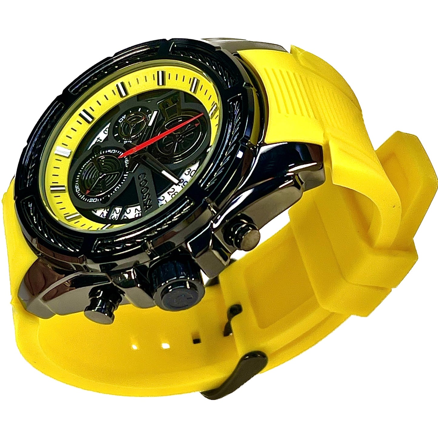 COOSSA ORIGINAL Men's Watch Chronograph 20247 48MM Black Tone Case Yellow Silicone Band 30M Water Resistant Cable Bezel