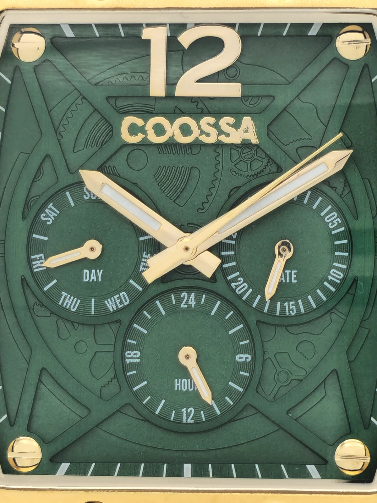 COOSSA ORIGINAL Special Edition Mens Tonneau 46MM Case Gold/Green Day-Date Watch