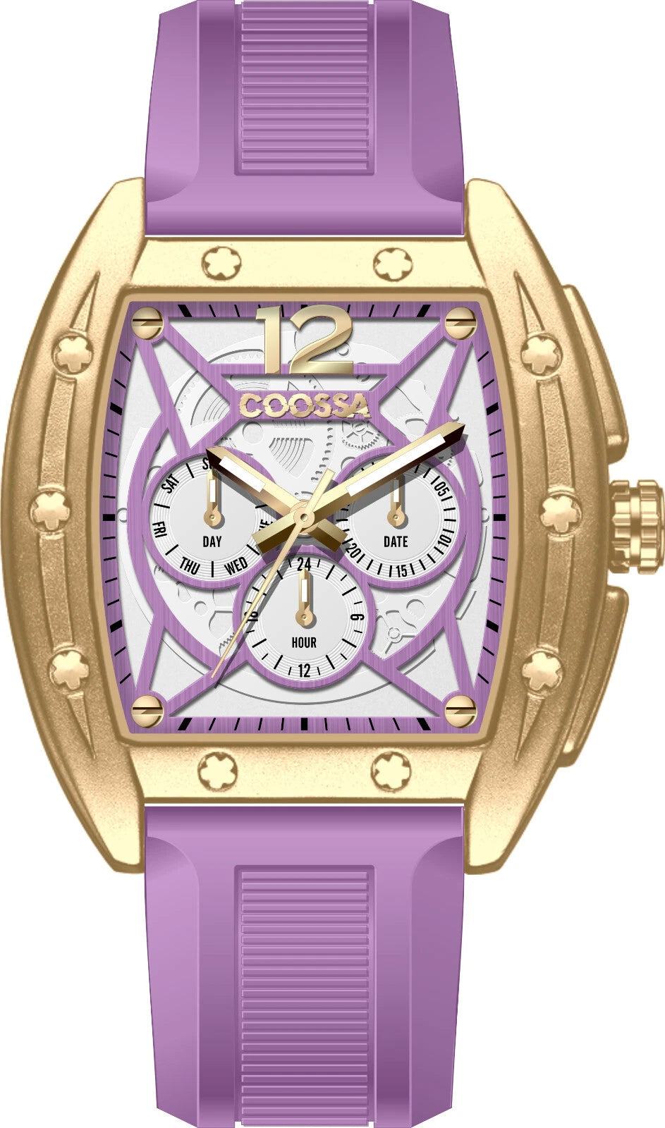 COOSSA ORIGINAL Special Edition Mens Tonneau 46MM Case Gold/Purple Tone Day Date