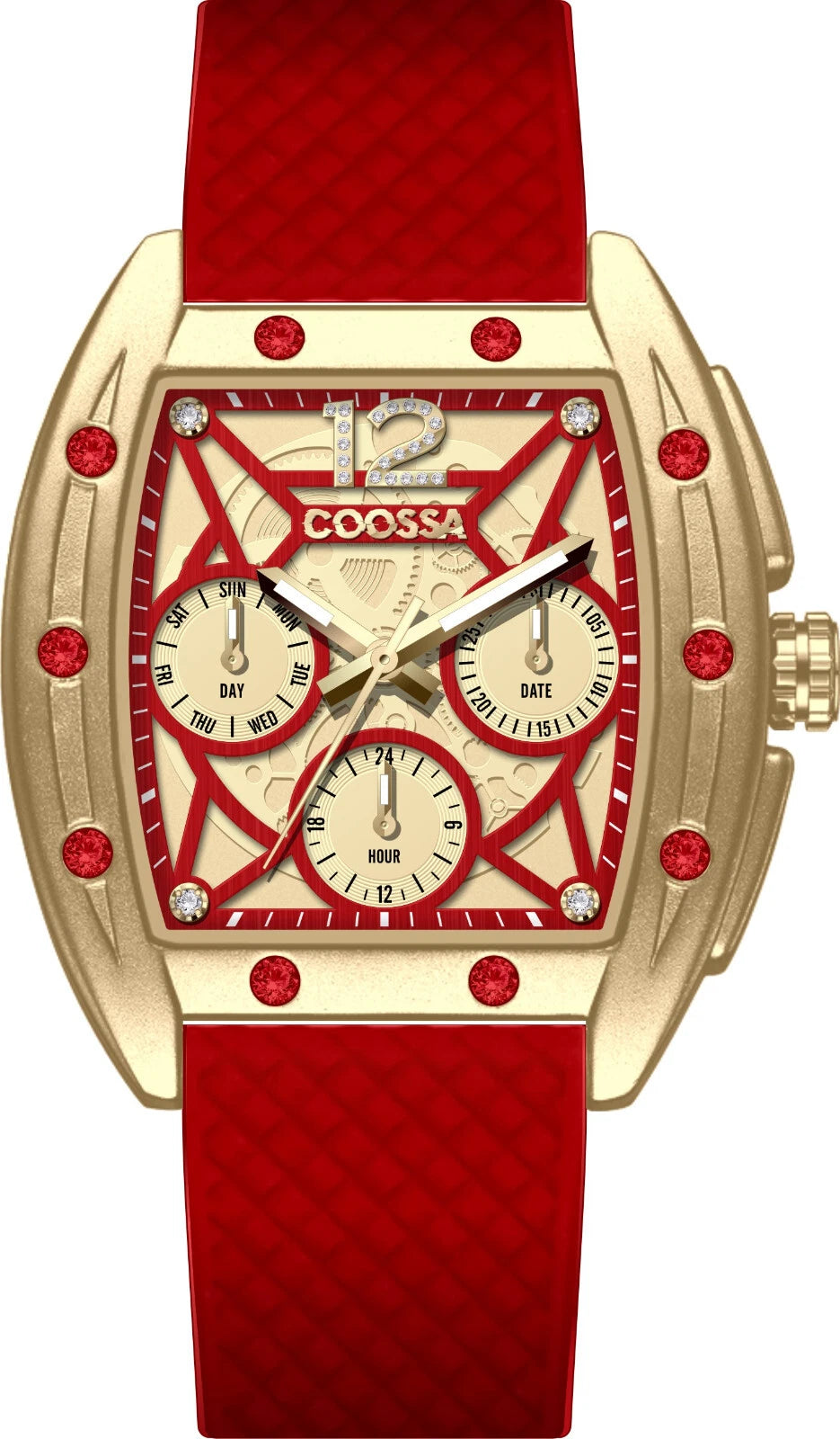 COOSSA ORIGINAL Special Edition Womens Tonneau 35MM Gold/Red Tone Day-Date Watch