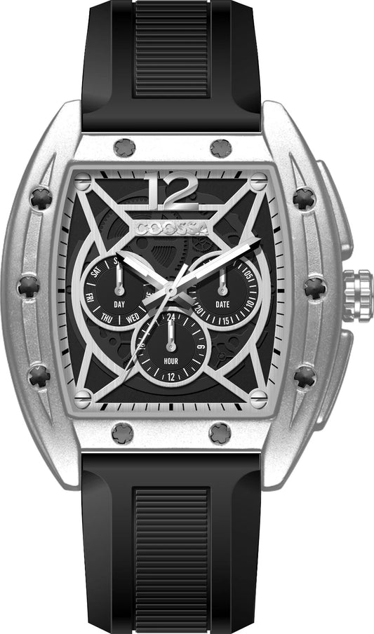 COOSSA ORIGINAL Special Edition Mens Tonneau Watch 46MM Case Silve/Black Tone