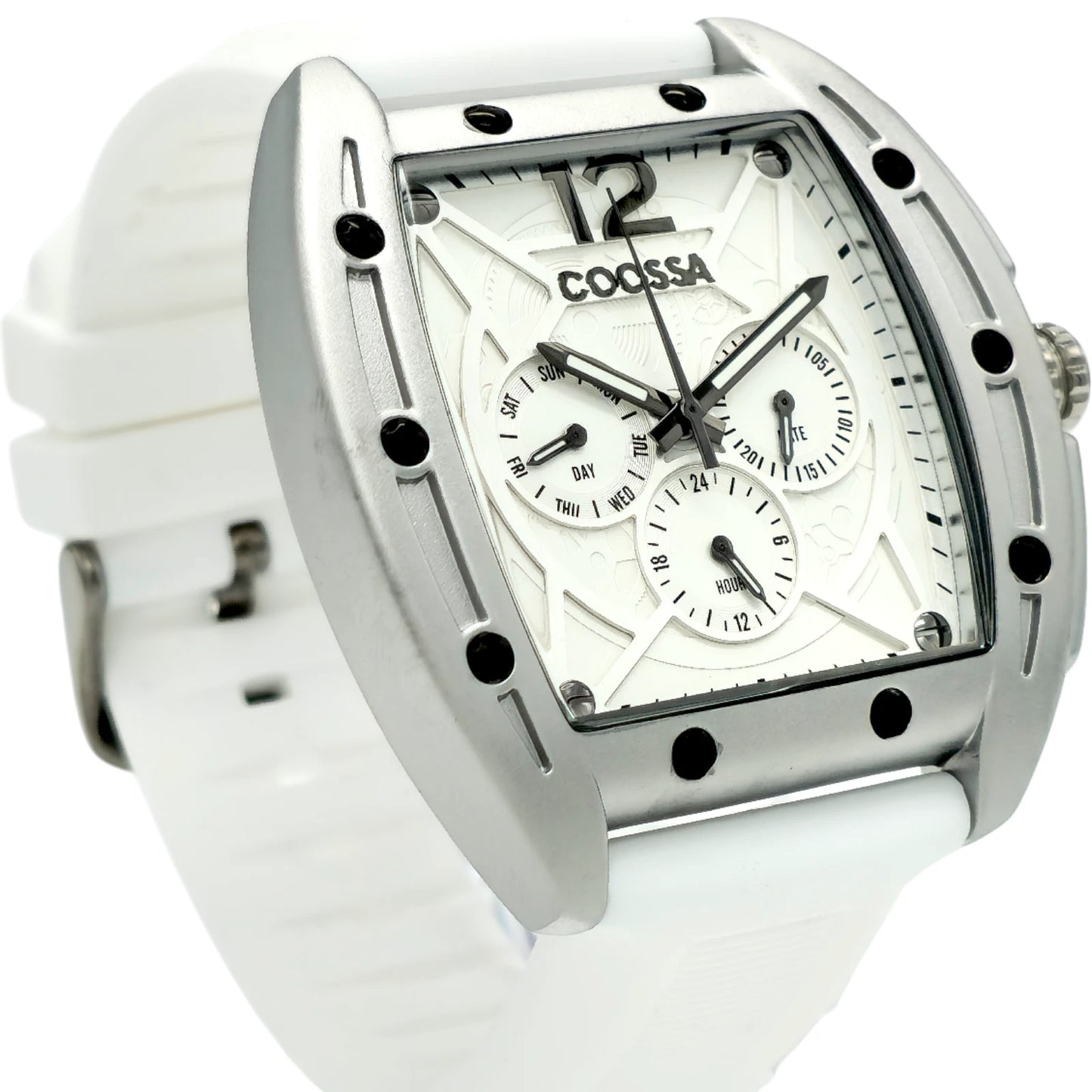 COOSSA ORIGINAL Special Edition Mens Tonneau 46MM Case Silve/White Tone Day Date