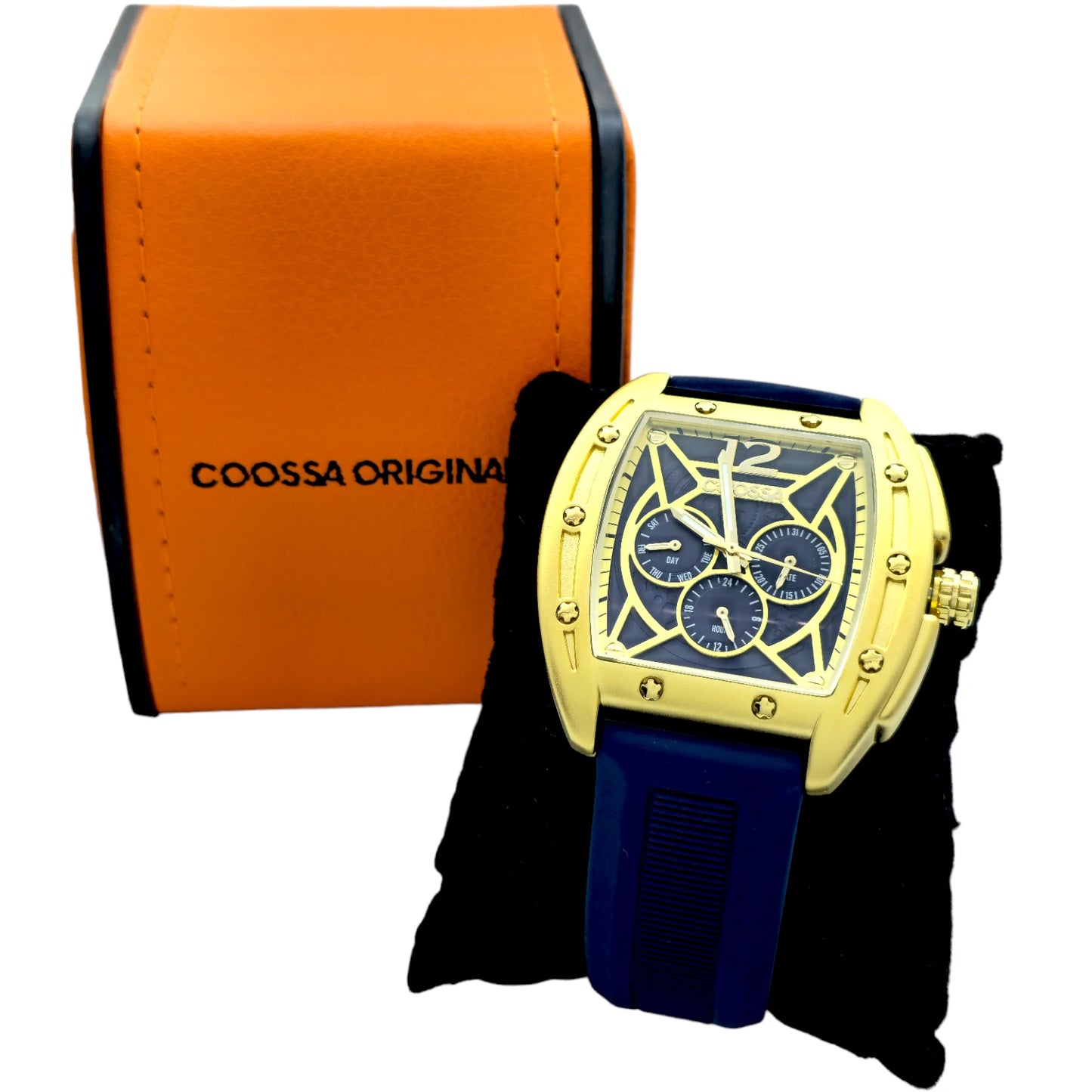 COOSSA ORIGINAL Special Edition Mens Tonneau 46MM Case Gold/Navy Day-Date Watch  Kingdom Of Watches (8346)