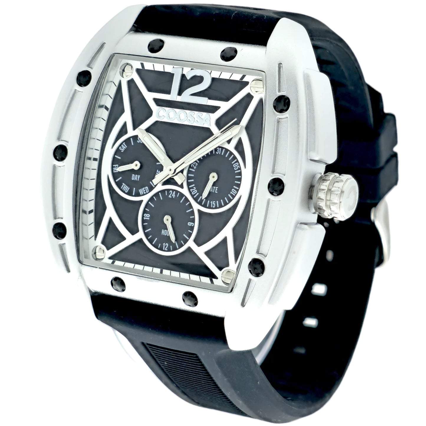 COOSSA ORIGINAL Special Edition Mens Tonneau Watch 46MM Case Silve/Black Tone