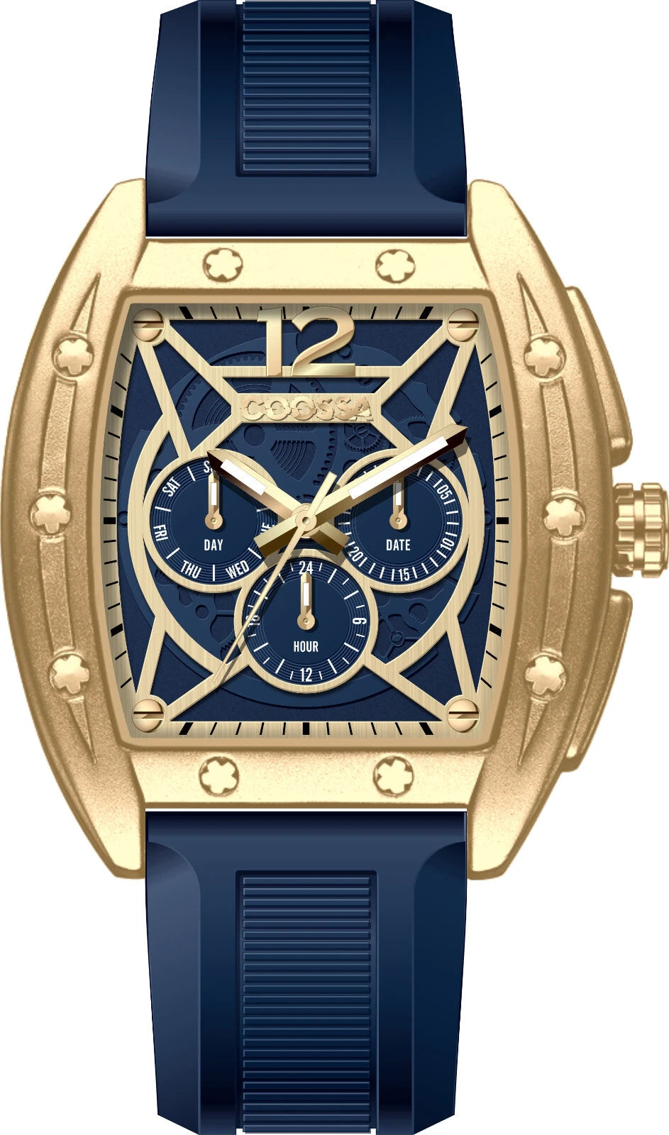 COOSSA ORIGINAL Special Edition Mens Tonneau 46MM Case Gold/Navy Day-Date Watch  Kingdom Of Watches (8346)