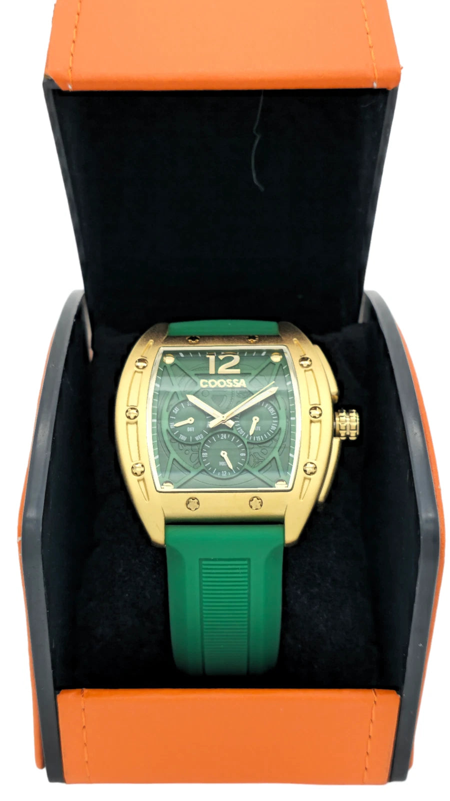 COOSSA ORIGINAL Special Edition Mens Tonneau 46MM Case Gold/Green Day-Date Watch